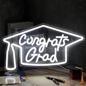Congrats Grad Neon Sign 15.8 x 8.9 Inch 2025 Graduation Cap Shaped LED Warm White Light up Sign Wall Art Decor USB Powered for Photos, Class of Party Room Dorm Backdrop Celebration Gifts