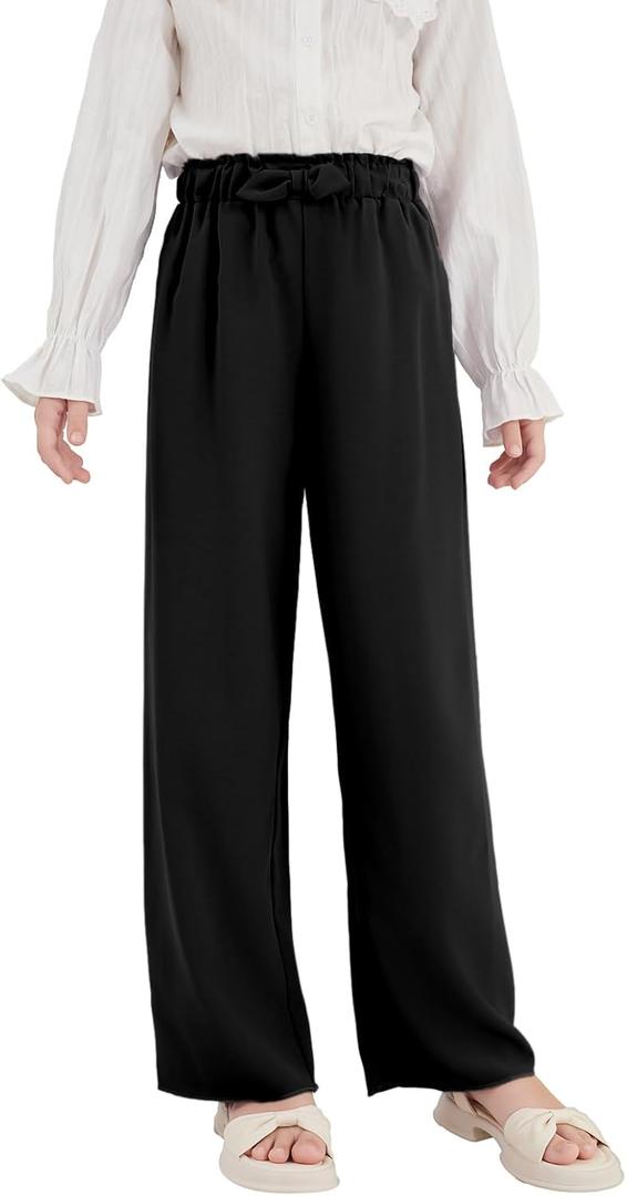 Girls Wide Leg Palazzo Pant Loose Straight Cute Bow Waist Spring Summer Lightweight Dress Pant for Kids (13-14 Years, Black)