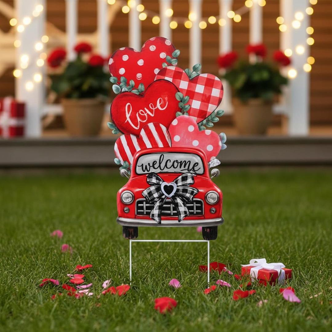 Frienda Valentine's Day Outdoor Yard Decorations 22.8 x 12.95 Inches Valentine' S Day Yard Stake Metal Welcome Sign Multiple Stacked Rustic Heart Truck Garden Stake for for Home Garden Lawn Porch