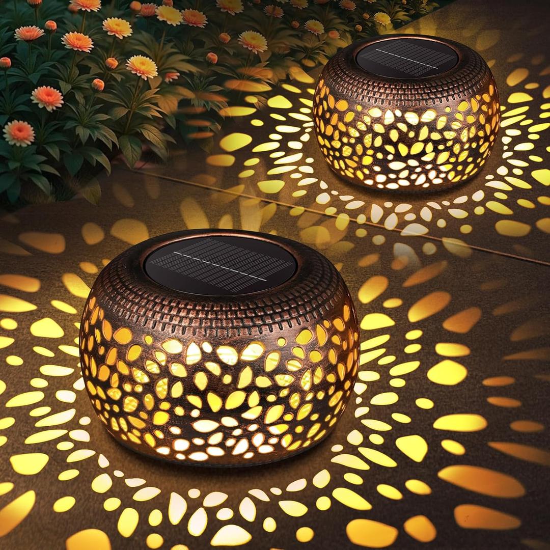 Solar Lanterns Outdoor Waterproof Decor: 2 Pack Red Copper Hollow Out Retro Metal Solar Lights - Unique Gardening Gifts for Women Mom - Outside Patio Porch Yard Tabletop Decorations 2 Lighting Modes