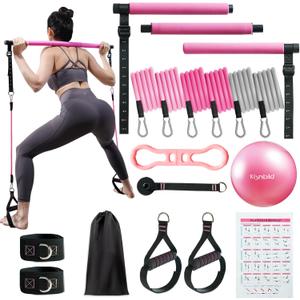 kisnbld Pilates Bar Kit with Resistance Bands, Multifunctional Pilates Bar with 3 Set Exercise Resistance Bands, Portable Pilates Equipment for Women Home Gym Yoga Workouts (Hot Pink)