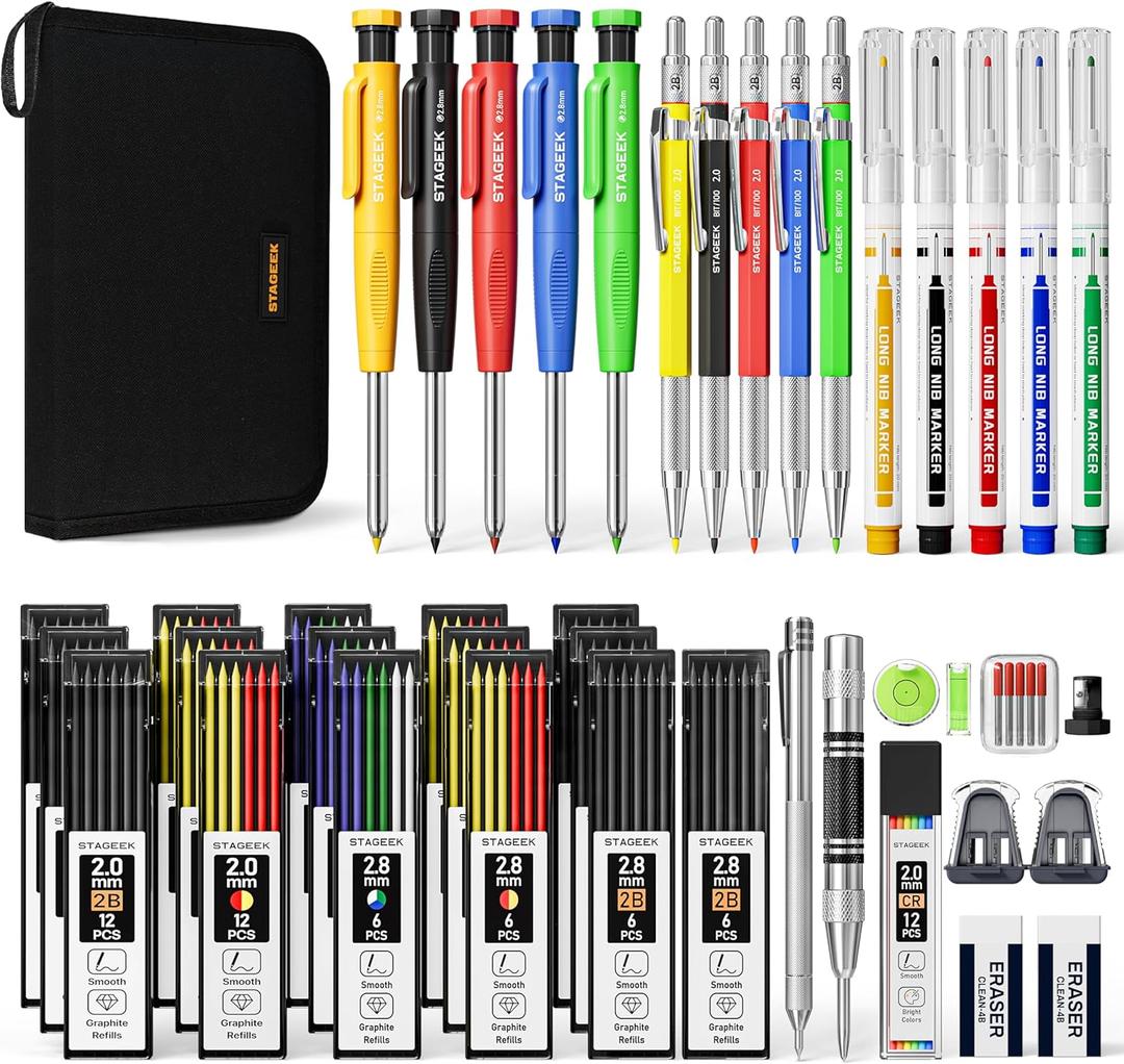 49 Pack Carpenter Pencil Set with Sharpener, Carpenter Pencils with Deep Hole Long-Nib Marker Pens, Carbide Scribe Tool & Construction Pencil for Architect Woodworking with Case