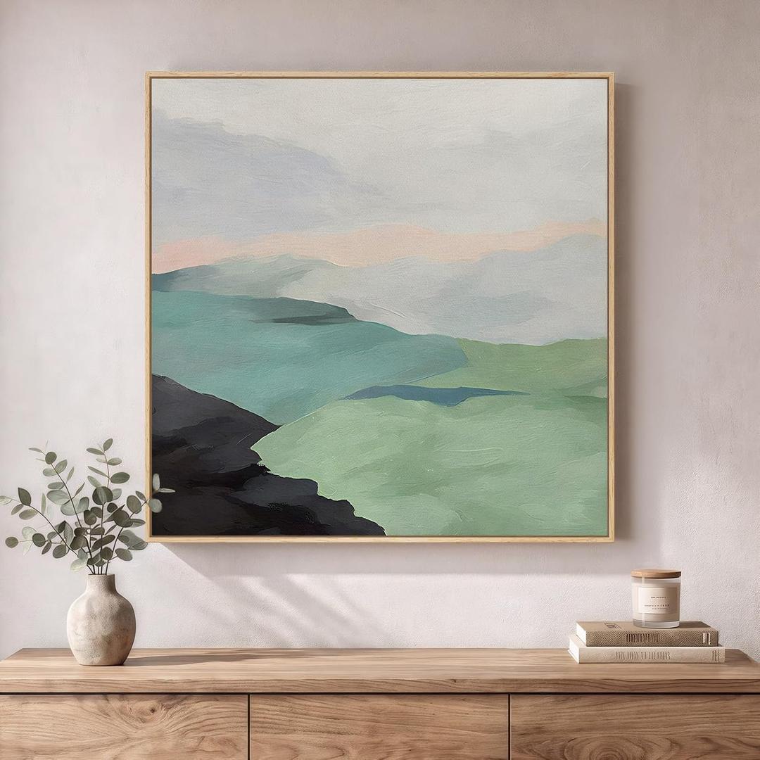Large Framed Modern Neutral Green Abstract Landscape Wall Art, 30x30 In