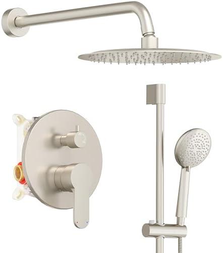 Gabrylly Shower System Brushed Nickel, Slide Bar Shower Faucet Set with High Pressure 10" Rain Head and 5-Setting Handheld Spray, 2 Way Pressure Balance Valve Trim Kit