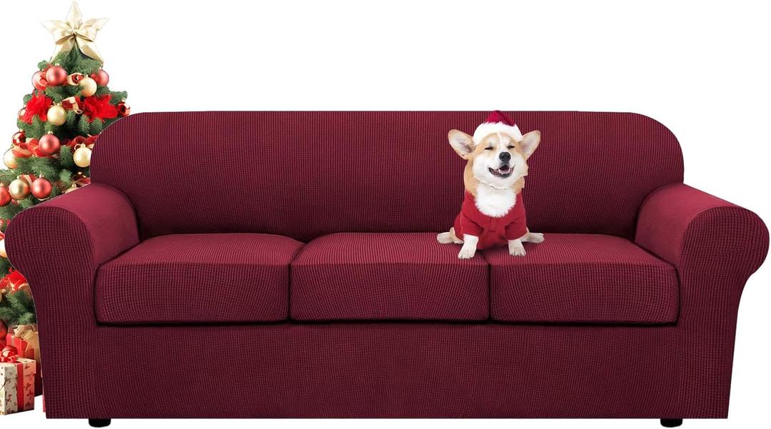 H.VERSAILTEX 4 Piece Stretch Sofa Covers for 3 Cushion Couch Covers for Living Room Furniture Slipcovers (Base Cover Plus 3 Seat Cushion Covers) Upgraded Thicker Jacquard Fabric (Sofa, Burgundy) (Large)