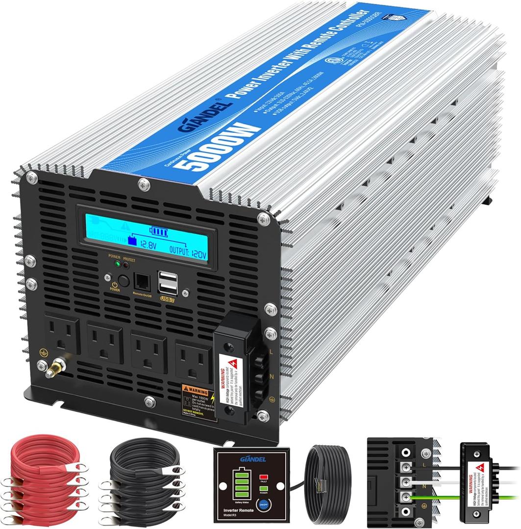 5000Watt Power Inverter ETL UL458 Listed Inverter 5000 W Converts 12V to 120 Vac with 40 Amps Hardwire Terminal and 4 AC Sockets Plus 30FT Wired Remote for Off Grid Solar System Truck RVs Emergency
