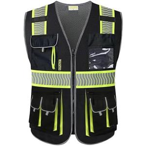 PACIFIC PPE 10 Pockets Class 1 Safety Vest for Men, 3M High Visibility Reflective Strips, Meets ANSI/ISEA Standard, Black, Medium