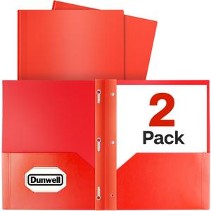 Dunwell Plastic 2-Pocket Folders with 3 Prongs, (2 Pack, Red), Durable Acid-Free Poly is Cleanable, Tear Resistant, 3-Clasp Document Holder, Labels Included