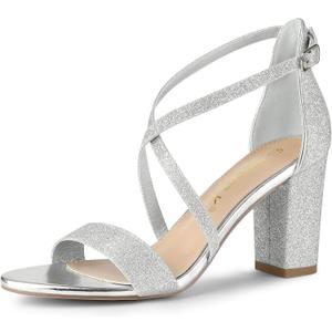 Allegra K Women's Glitter Crisscross Strap Block Heels Sandals (11)