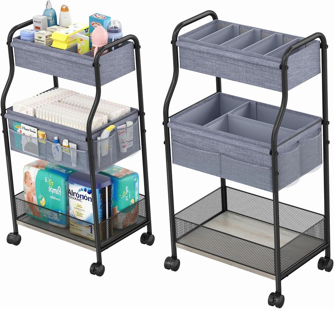 3-Tier Baby Diaper Caddy Organizer and Storage Cart, Mobile Metal Utility Cart with Rolling Wheels for Nursery Essentials with 4+2 Dividers, Large Capacity Rolling Cart For Bedroom, Bathroom, Nursery (Gray)