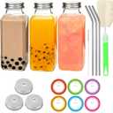 BIGIVACA 12 oz Glass Juice Bottles with Lids 3 Pack | Reusable & Leakproof Juicing Jars with Airtight & Sipping Lids, Straws & Brushes for Travel, Office, Home, Gym