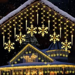 Enhon 14 Drops Christmas Snowflake Icicle String Light Outdoor, 11.5FT 175 LED Large Hanging Snowflake Icicle Window Curtain Fairy Outdoor Light with 8 Light Modes for Christmas(Warm White)