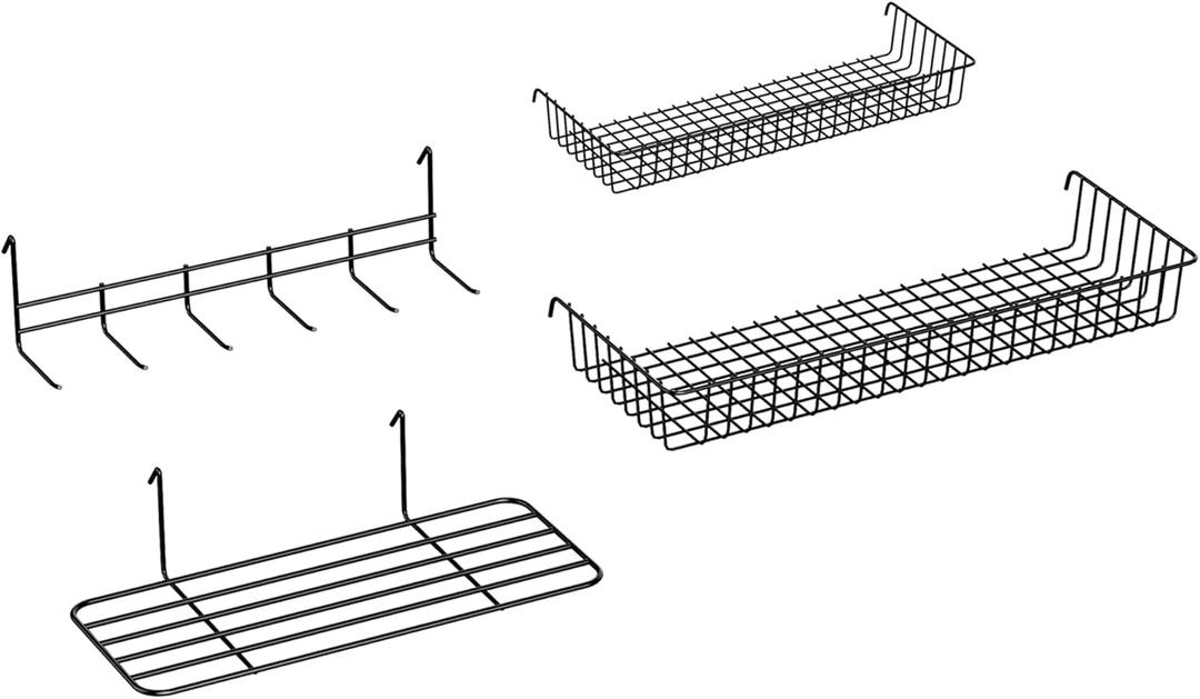 Gridwall Panel Display Stand Stand Hanging Wire Basket,4-Pack,Wall Grid Accessories,Grid Wall Shelves Hooks, Black Wire Baskets for Wall (A 4)