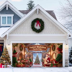 Christmas Garage Door Banner 13x6ft Santa's Workshop Elves Christmas Tree Backdrop Decor Banners for Outside Indoor Winter Door Cover Garage Wall Covering for Party Garage Decorations