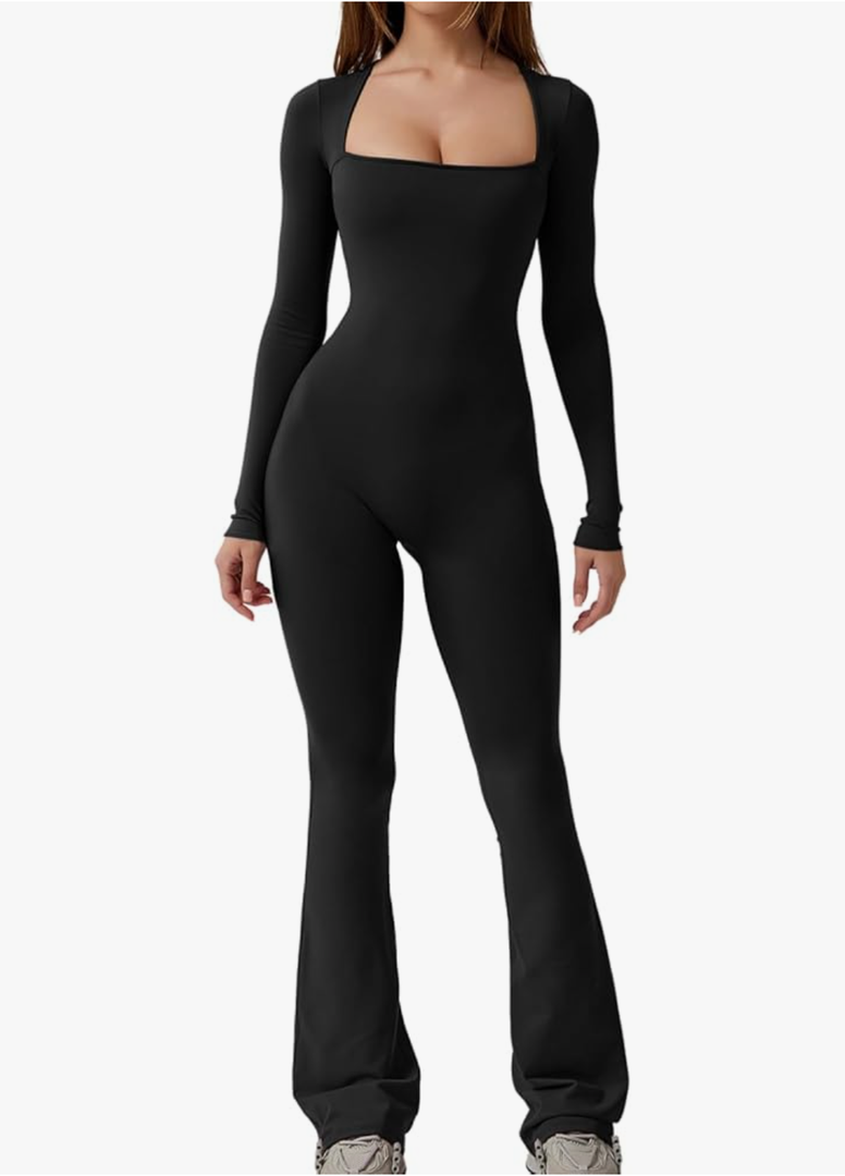 QINSEN Jumpsuits for Women Square Neck Wide Leg Full Length Romper Playsuit, XL