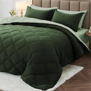 MUXHOMO 7 Pieces Full Comforter Set, Reversible Bed in a Bag Full Size, All Season Bedding Set with Comforter, Flat Sheet, Fitted Sheet, Pillowcases & Shams, Dark Green & Light Green