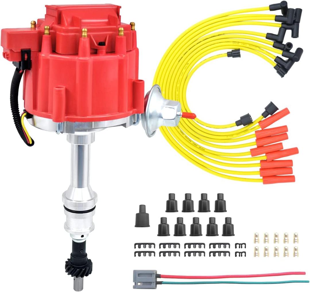 MAS Performance HEI Ignition Distributor w/Cap & Rotor and Spark plug Wire set Compatible with Ford 351 400 460 HEI 65000 Volt Coil KA-1046013 PE332U JM6506BL 351CBLHEI0(Red HEI Kit)