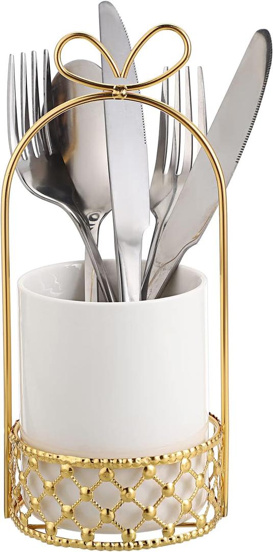 JUXYES Ceramic Silverware Holder For Tabletop, White Cutlery Holder With Golden Metal Bracket, Decorative Flatware Holder Countertop Utensil Holder Organizer for Wedding Kitchen Dining Tables (Pack of 1)