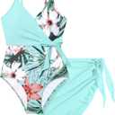 Girls Swimsuit One Piece Bathing Suit Tropical Floral with Adjustable Straps Girls'Swimwear with Cover Up 10-12T