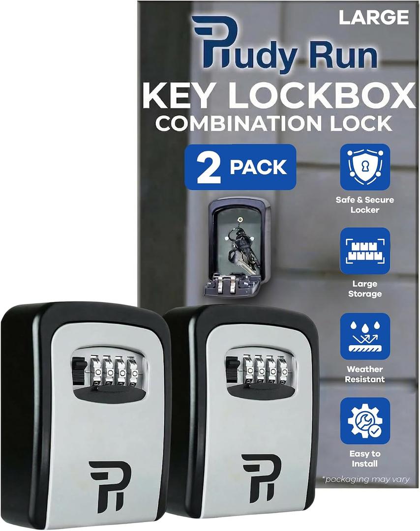 Rudy Run Key Lock Box for Outside Large Outdoor Lockbox for Keys with Code, 4-Digit Combination Hidden Safe to Hide a Key Outside, Wall Mounted Key Storage for Home, Airbnb, 2 Pack
