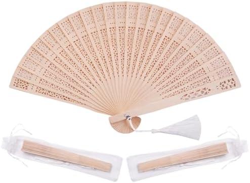 Sepwedd 50 Set Sandalwood Fan Wooden Hand Fan Baby Shower Party Favors with Organza Bags and Tassels Wooden Folding Fan