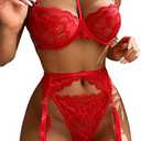 Lilosy Sexy Choker Floral Lace Scallop Sheer Underwire Push Up Garter Belt Lingerie Set 3 Piece, M