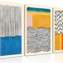 AKWISH Midcentury Modern Framed Wall Art for Living Room Set of 3 Mid Century Modern Abstract Canvas Painting Print Boho Color Blocks Home Decor Colorful Minimalist Pictures for Bedroom 16"x24"x3 (Yellow Blue Black Red)