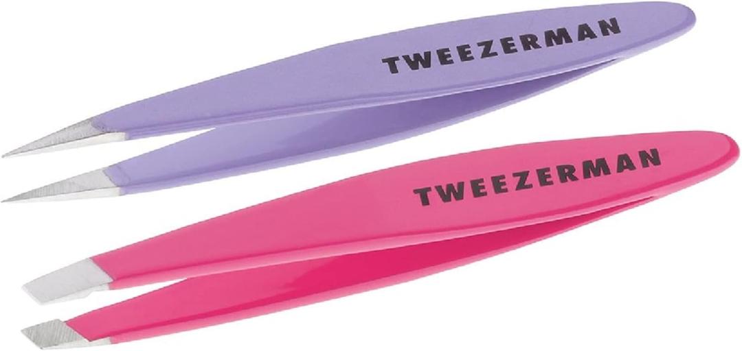 Tweezerman Mini Slant and Point Tip Tweezer - Tweezers Set for Eyebrows, Travel Tweezers for Eyebrows, Facial Hair (2 Count (Pack of 1))