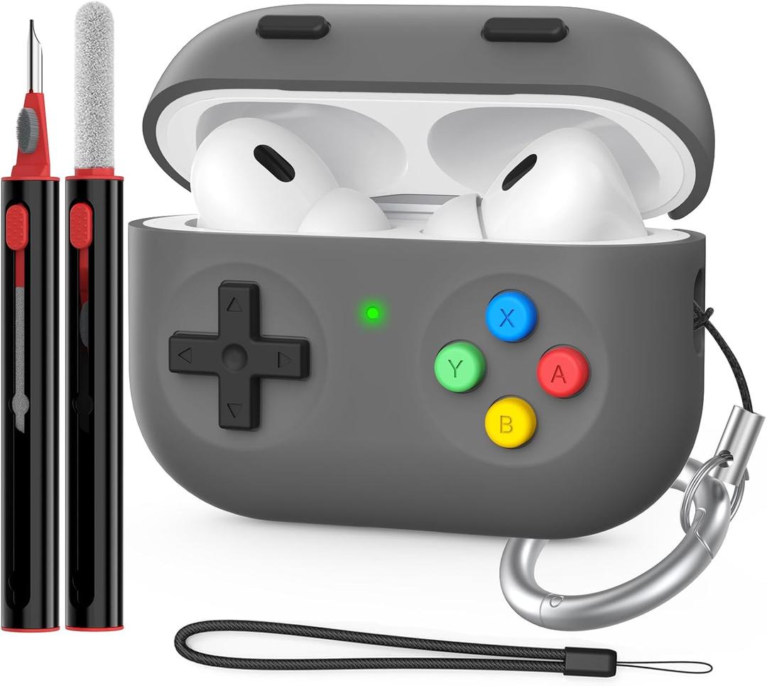 Delidigi for AirPods Pro 2 Case Cover, Classic Handheld Game Console Design Silicone Protective Case with Cleaning Pen and Keychain for Airpods Pro Case 2nd / 1st Generation (Deep Grey