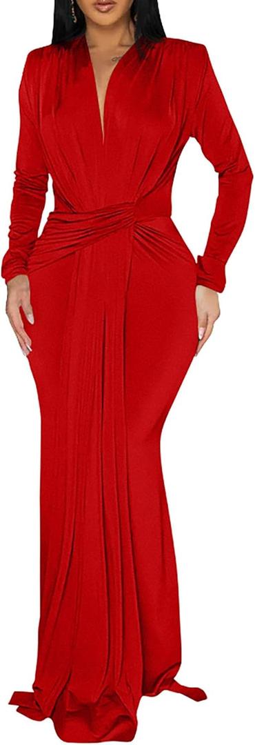 Memoriesea Women's Elegant Long Sleeve Deep V Neck Bodycon Party Evening Gown Maxi Dress (Large, Red)