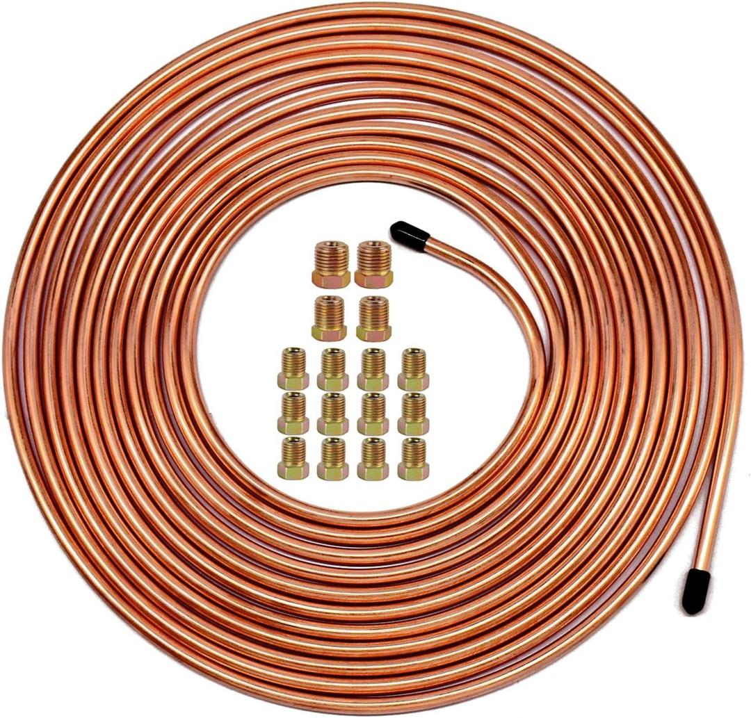 MuHize 1/4 Brake Line - Upgraded 25 Ft. Brake Line Kit(2026 New), 1/4 Flexible Copper Coated Brake Line Tube Roll(Includes 16 Inverted Flare Fittings)