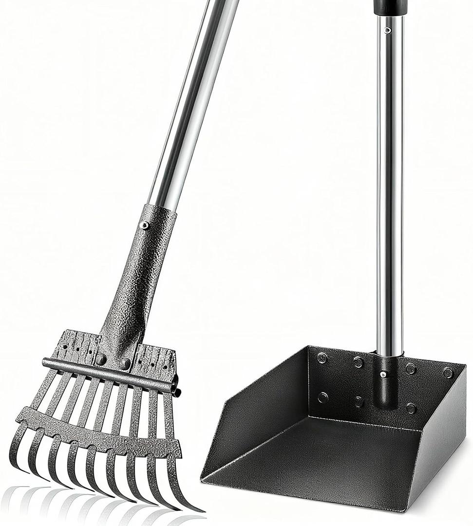Pooper Scooper, Long Handle Pet Supplies Dog Pooper Scooper with Stainless Metal Tray and Rake for Large Medium Small Dogs Heavy Duty, Use on Grass, Dirt or Gravel