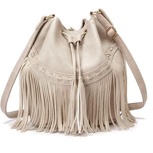 Leather Bucket Bags for Women Crossbody Fringe Purses with Drawstring Ladies Tassel Hobo and Shoulder Handbags (White)