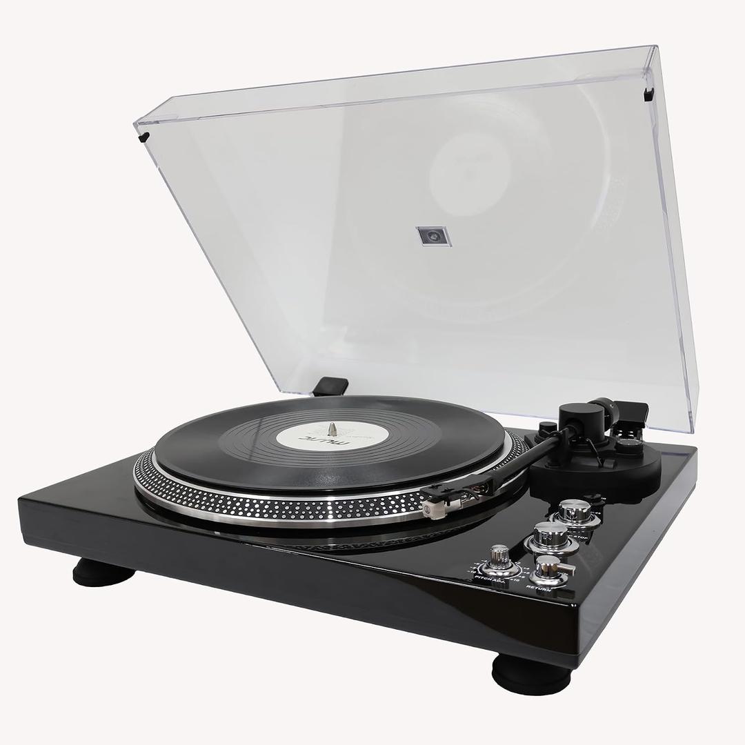 Classic Vinyl Record Player, Fully‑Automatic Belt‑Driven Turntable with BT Wireless, 33/45 RPM Speeds, Auto‑Repeat Function, Hi‑Fi, Die-Cast Aluminum Platter, Solid Wood Plinth - Piano Black