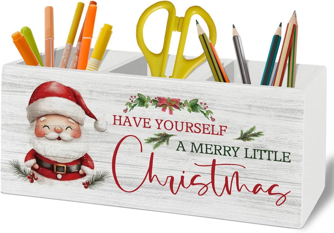 Christmas Santa Pen Pencil Holder Organizer for Desk Accessories, Winter Xmas Santa Claus Holiday Wooden Box Sign Desk Decor for Home Office Decoration, Christmas Office Decor