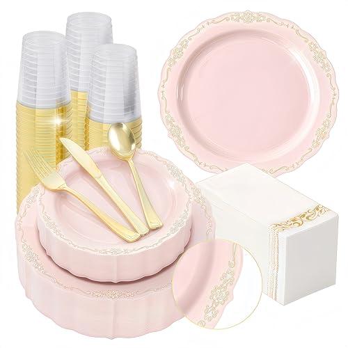 Fijinhom 350 PCS Pink Disposable Plates, Elegant Dinnerware Set for 50 Guests, 100 Plastic Plates, 150 Silverware, 50 Cups & 50 Paper Napkins, Pink