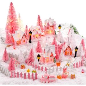 Kasyat 64 Pcs Christmas Village Figurines Decor Set 5 Lighted LED Xmas Village Houses with 24 Mini Xmas Trees 34 Figurines Collection for Town Pink Pastel Scene Desk Battery Operated Landscape Decor