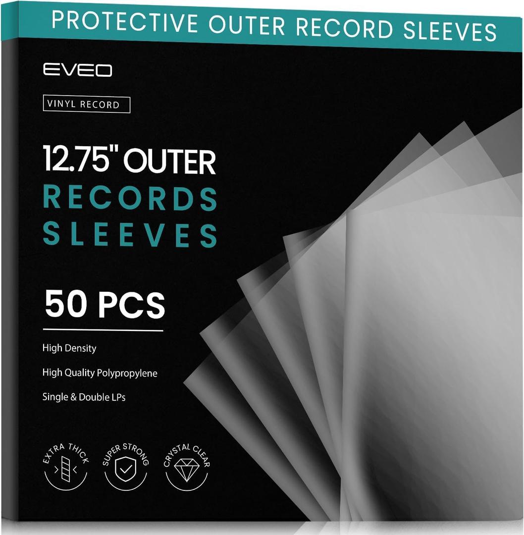 EVEO 50 Vinyl Record Sleeves Outer Crystal Clear Outer Vinyl Sleeves LP Album Covers 12.75"x12.75" | Perfect Fit Protective 3 Mil Protection for Single & Double LPs - Archival Standard