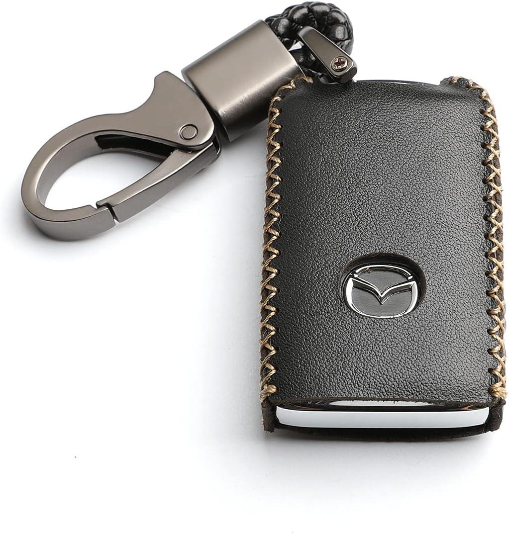 Leather for Mazda 3 Hatchback CX-5 CX-30 CX-9 Remote Smart 4 Buttons Key Case Holder Cover Fob Chain (Black)