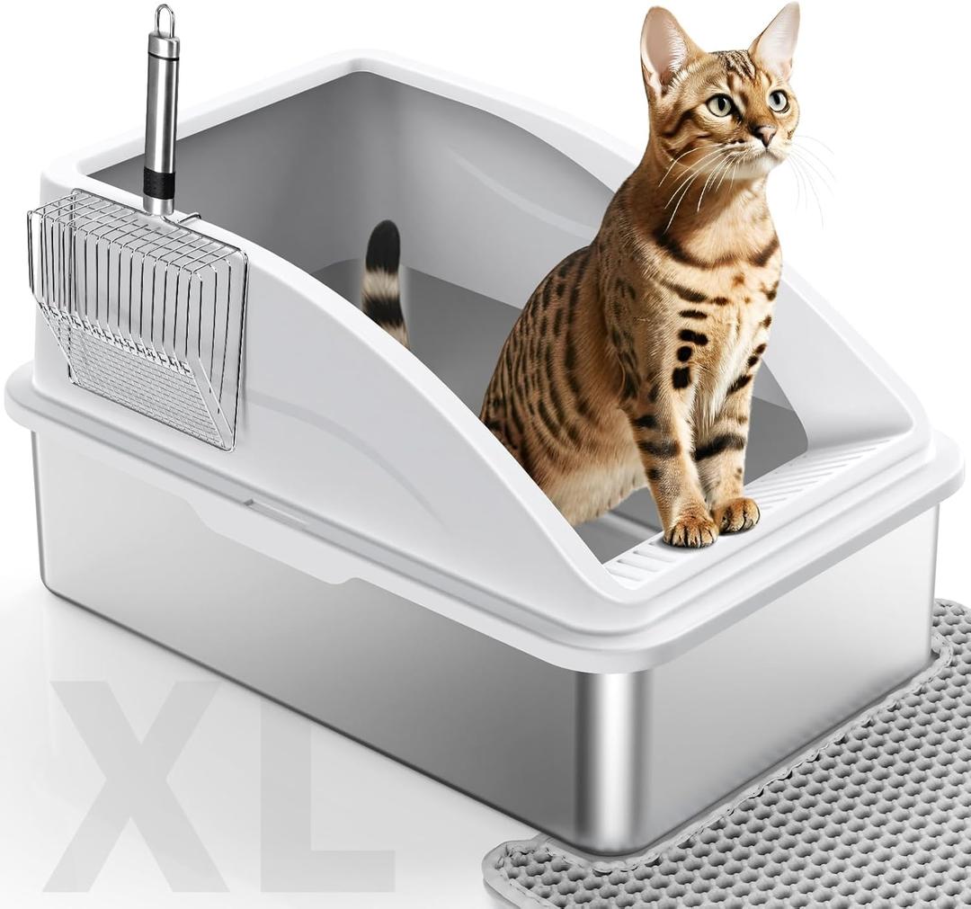Stainless Steel Cat Litter Box, Extra Large Litter Boxes for Big Cats, Anti-Urine Leakage XL Litter Box with High Sides, Xlarge Metal Litter Box with Lid, Easy Clean, Non-Sticky, Cat Mat & Metal Scoop (X-Large, Silver Gray)