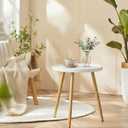 danpinera Small Round Side Table, Mini White Table with Wooden Tray & Metal Legged, Gold Side Table for Small Space, Living Room, Bedroom, Nursery, 14.96" D x 14.96" W x 17.52" H, White & Gold