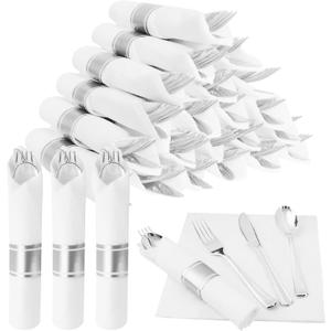 25 Pack Pre Rolled Silver Plastic Silverware, Wrapped Cutlery Set Include Forks, Spoons, Knives & Napkins, Disposable Heavy Duty Silverware Set for Party and Wedding