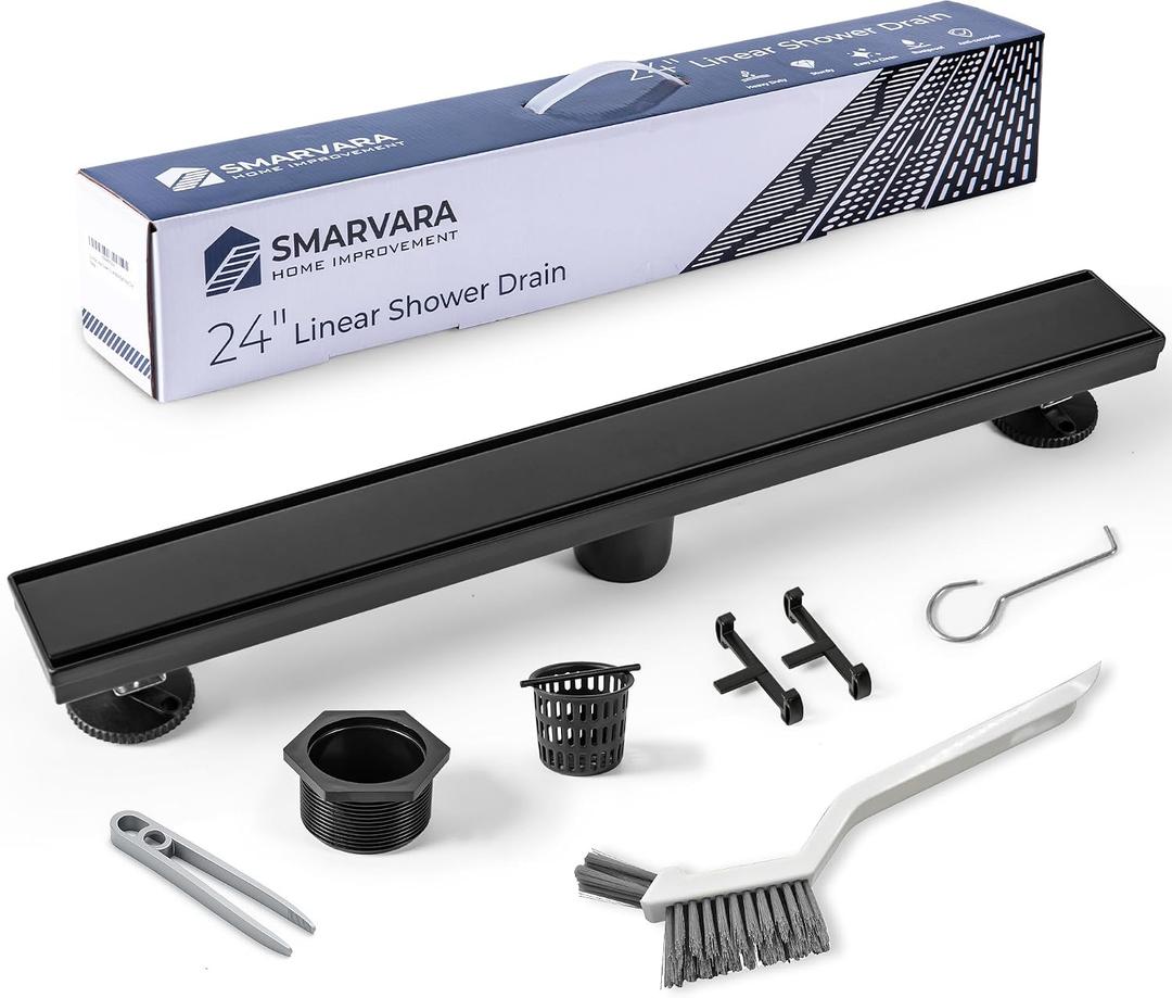 Linear Shower Drain 24 inch Matte Black with 2-in-1 Flat & Tile Insert Cover - 304 Stainless Steel Shower Floor Drain - Linear Drain with Reversible Cover & Hair Catcher - Includes Cleaning Tools