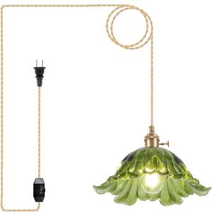 Plug in Pendant Light Fixtures,Hanging Light Fixture Corded On/Off Switch,11 inch E26 Green Glass Lampshade Pendant Lighting for Kitchen Island, Bedroom, Dining Room