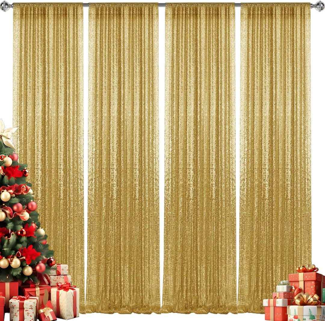2×8FT-4PCS Gold Sequin Backdrop Curtains Panels, Photography Backdrop Glitter Curtains Fabric Background for Christmas Wedding Party Decor