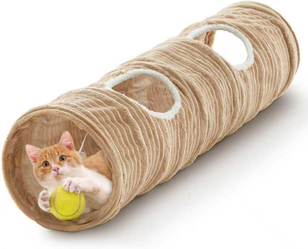 Cat Tunnel for Indoor Cats,Cats Toys Collapsible Tunnel Straight Tube with a Fun Ball and 2 Holes,Cat Play Tunnels,for Rabbits, Ferrets, Puppies & Large Pets,Diameter 11.8 Inch (Beige)