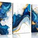 3Pcs Blue Gold Abstract Canvas Wall Art Modern White Blue Gold Foil Wall Decor Pictures Navy Blue and Gold Luxury Marble Posters Prints for Living Room Bedroom Home Decoration 12x16in