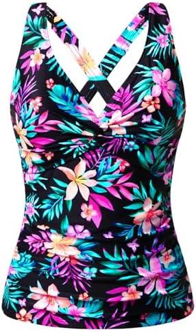 Women Underwire Tankini Top Only - Tummy Control Bathing Suit Top Twist Front Swim Top Criss Cross Back Swimsuit 2025 (L, Colorful Floral)