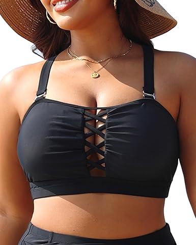 Plus Size Bikini Swimsuit Top - Women Bandeau Swim Top Lace Up Bathing Suit Bra for Large Bust Swimwear, 22W