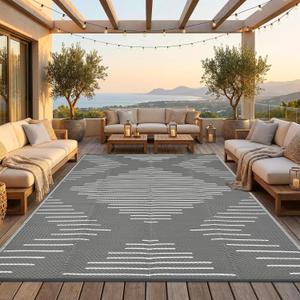 Garvee Waterproof Outdoor Area Rug 9x12 Plastic Reversible Rug for Patio Decor Easy-Cleaning Large Floor Mat for Camping RV Porch Deck Backyard Balcony Picnic Grey White